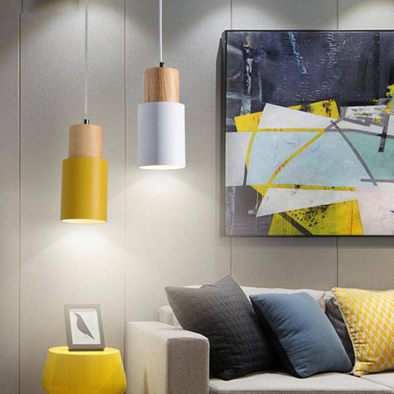 Suspension cylindrique en bois et métal coloré – modèle Wood