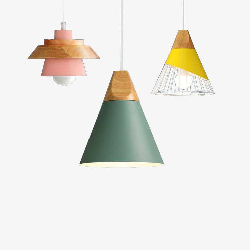 Suspension en métal coloré et bois – formes variées Nordic